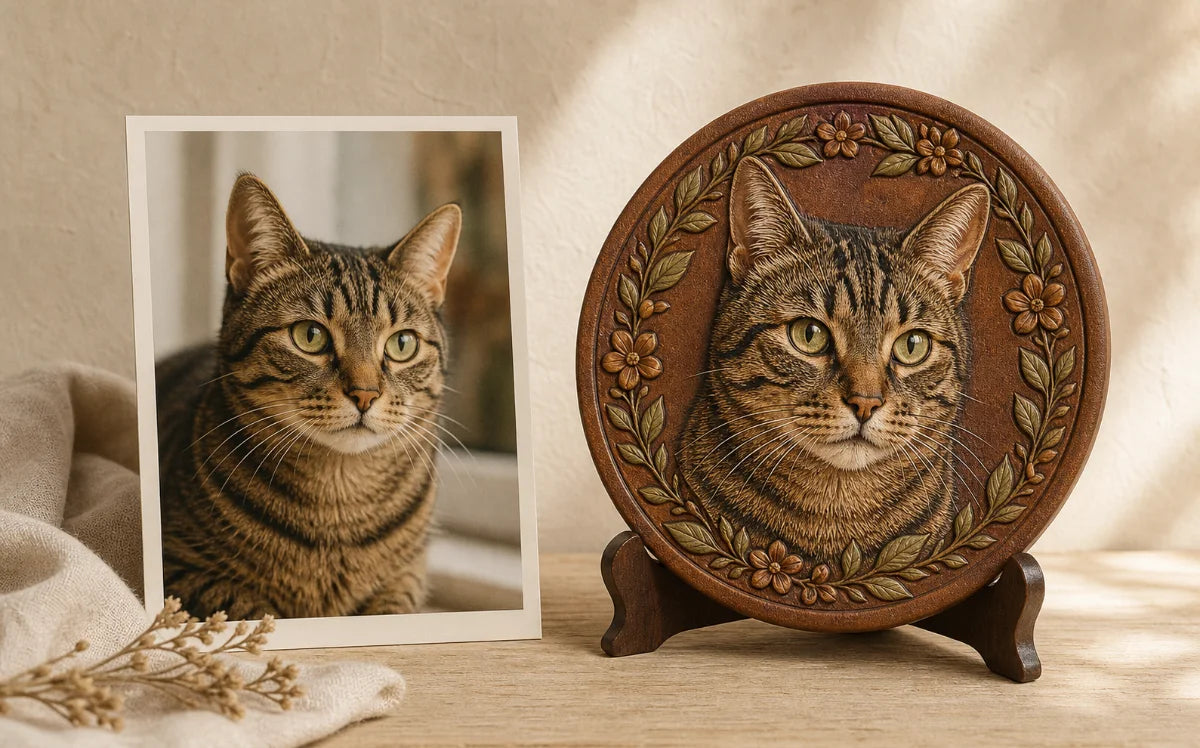 Cat floral frame custom leather portrait example