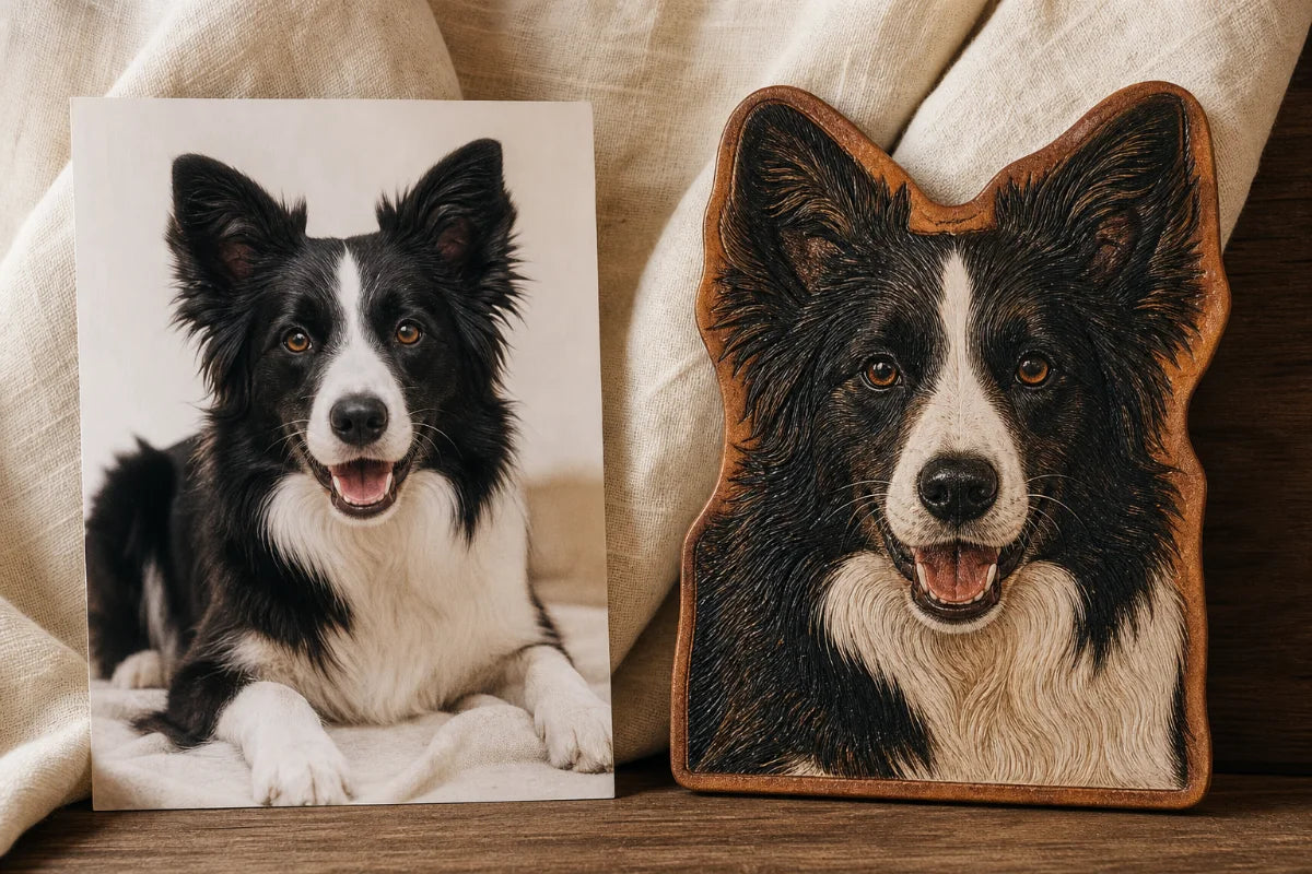 Custom shape leather pet portrait example