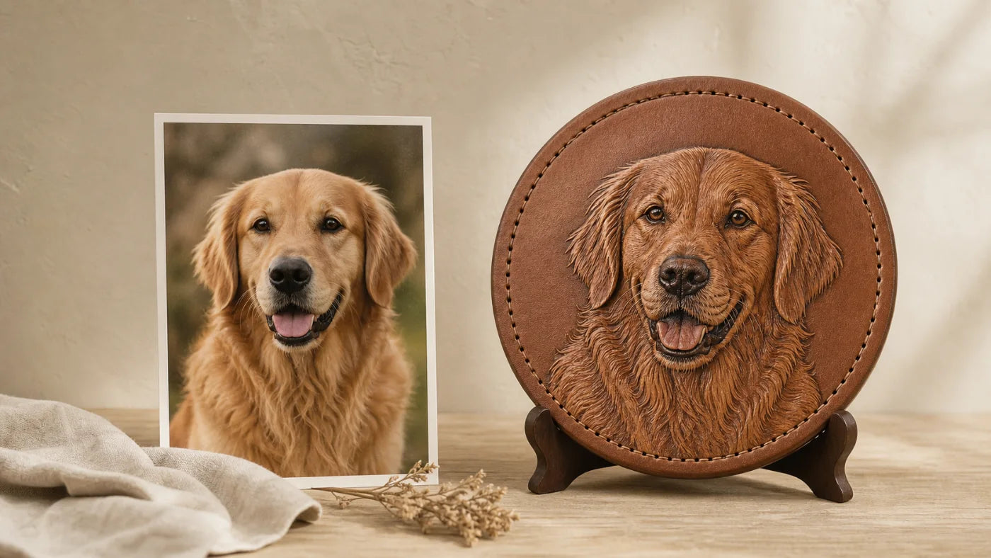 Golden retriever custom leather portrait example