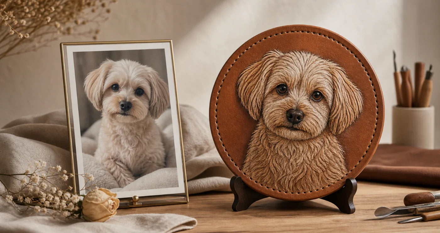 A beloved dog photo transformed into a handcrafted leather keepsake portrait