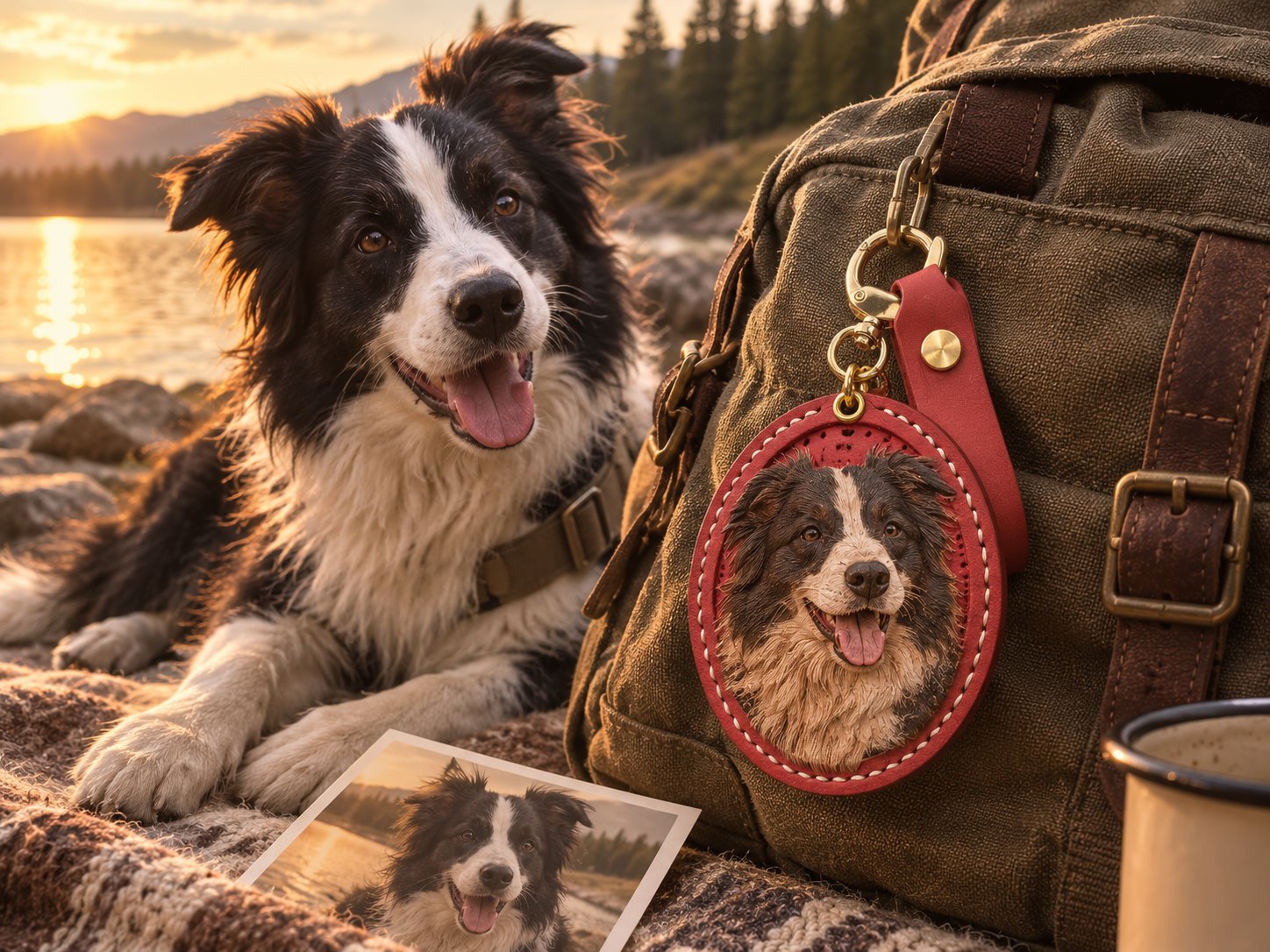 Border collie adventure memory with a leather portrait charm on a backpack