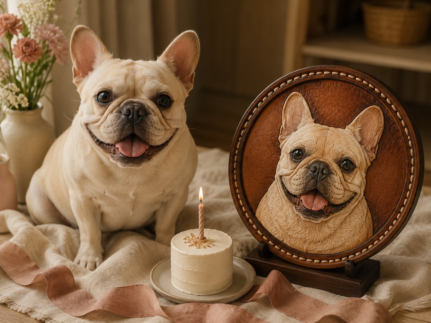 French bulldog beside a birthday cake and round handcrafted leather portrait
