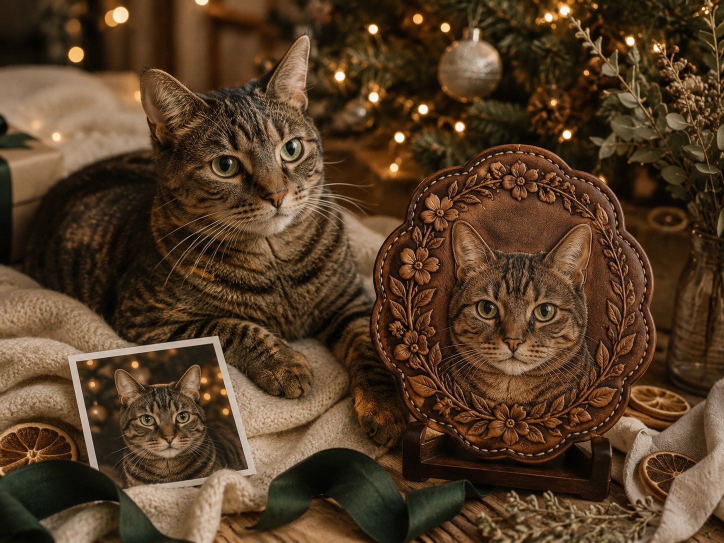 Tabby cat beside a floral handcrafted leather portrait during Christmas