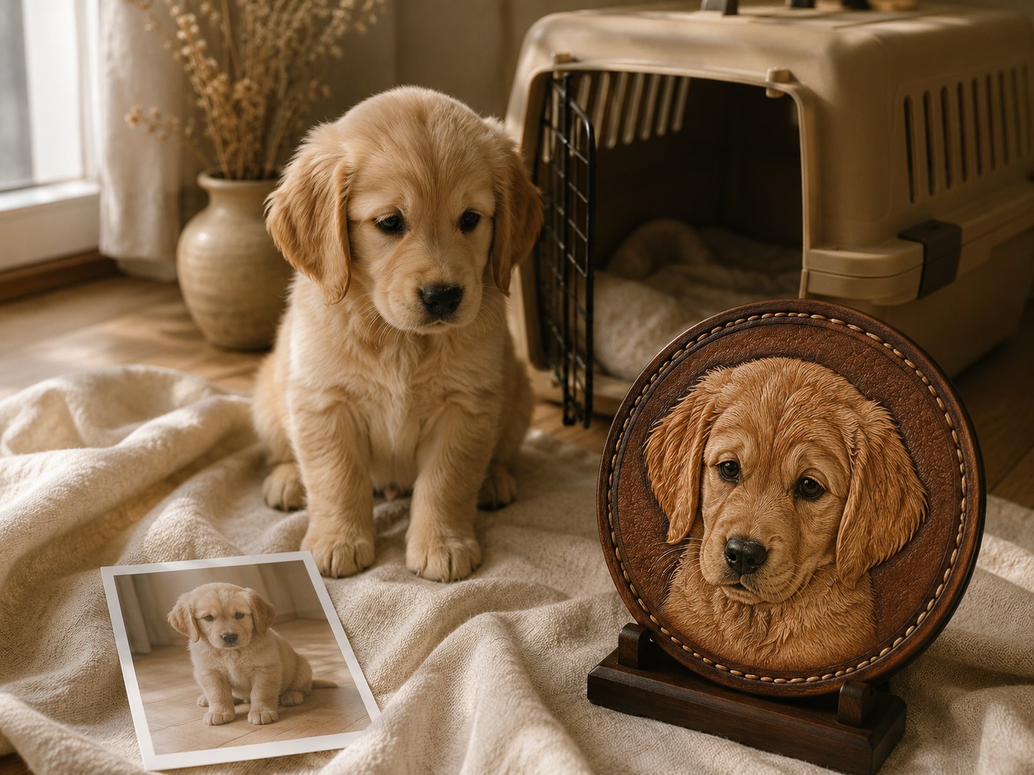 Golden retriever puppy beside a handcrafted leather portrait for gotcha day