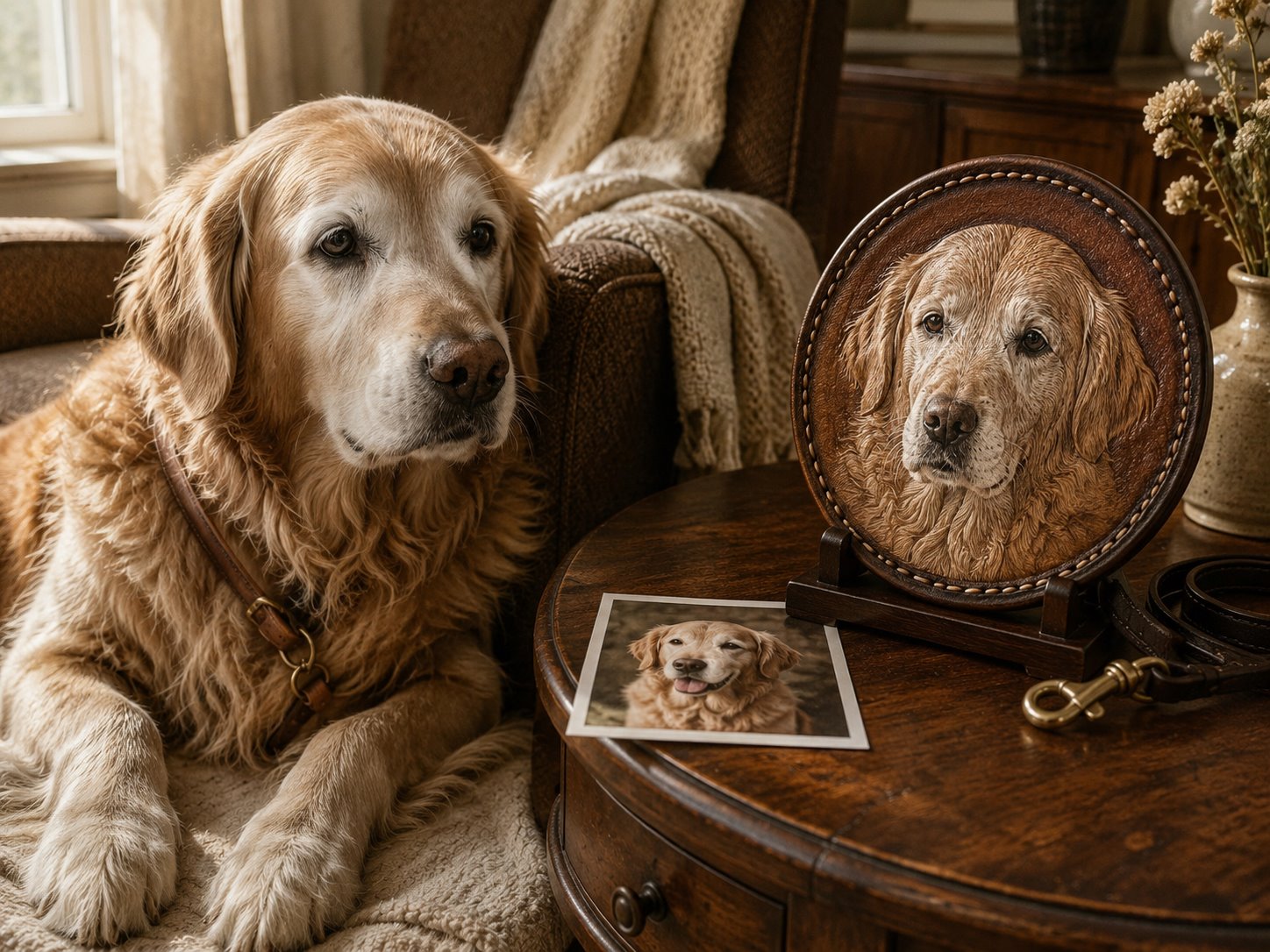 Senior golden retriever beside a round handcrafted leather memorial portrait