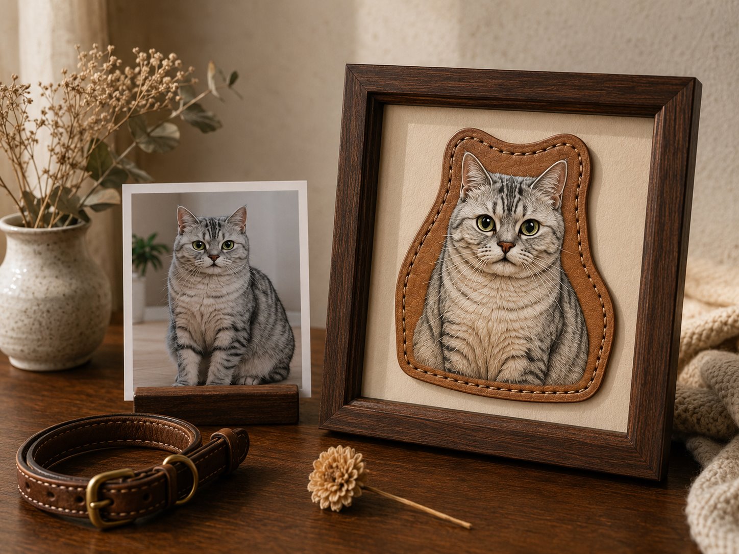 Framed handcrafted leather cat portrait with a reference photo and collar